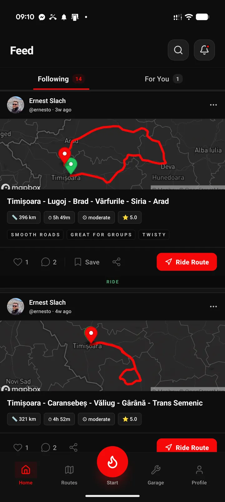 The community feed with rides from other riders