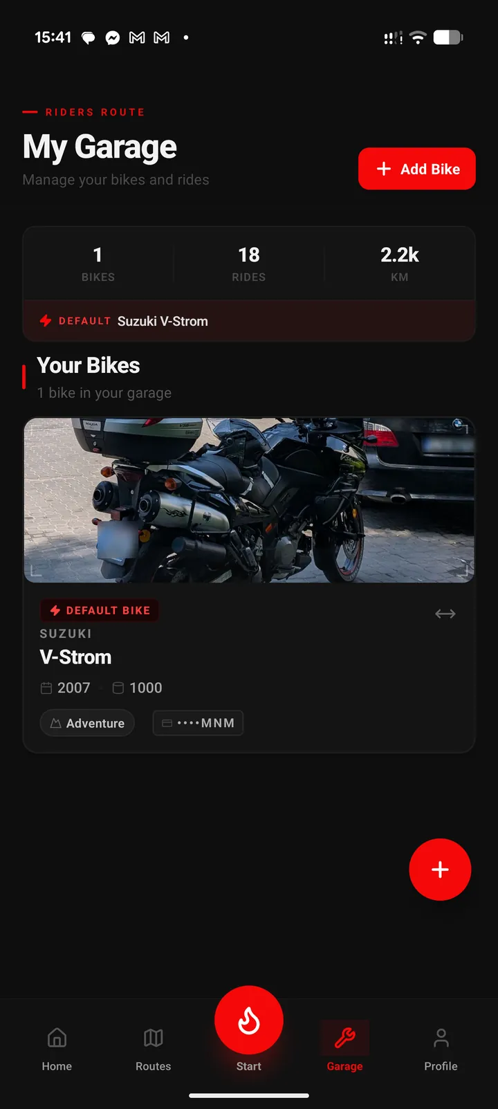The My Garage screen with saved motorcycles