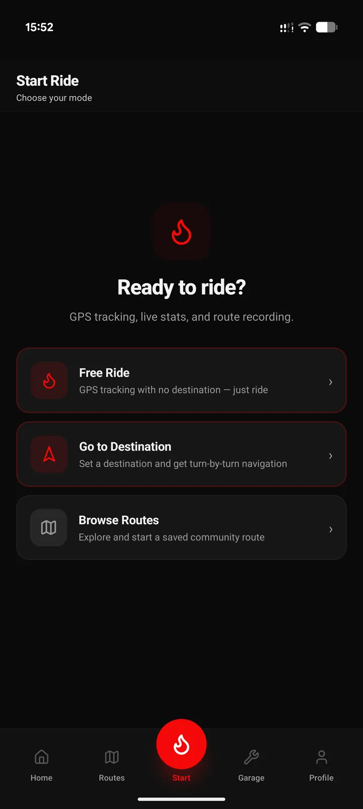 The Start Ride screen in the Rider's Route app
