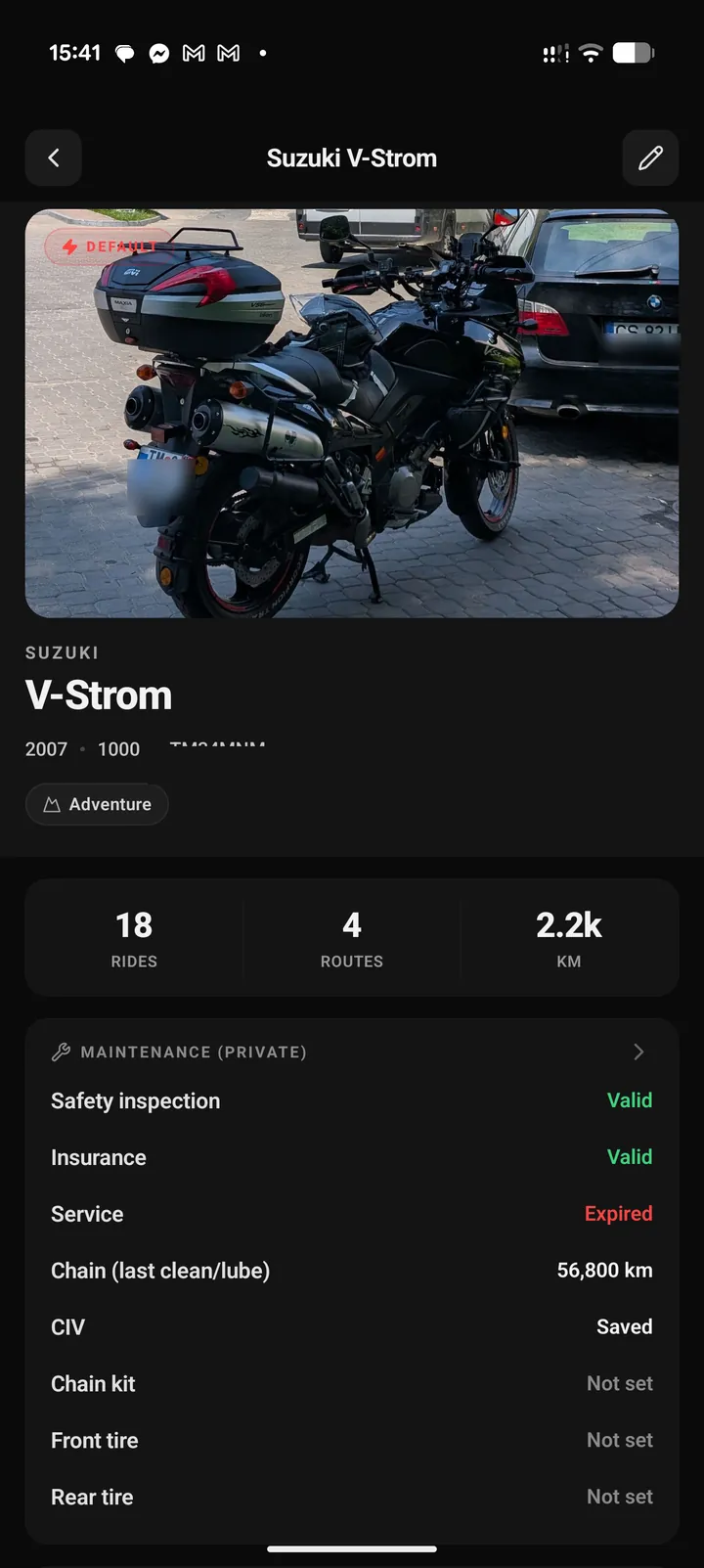 A motorcycle maintenance screen with inspection, insurance and service