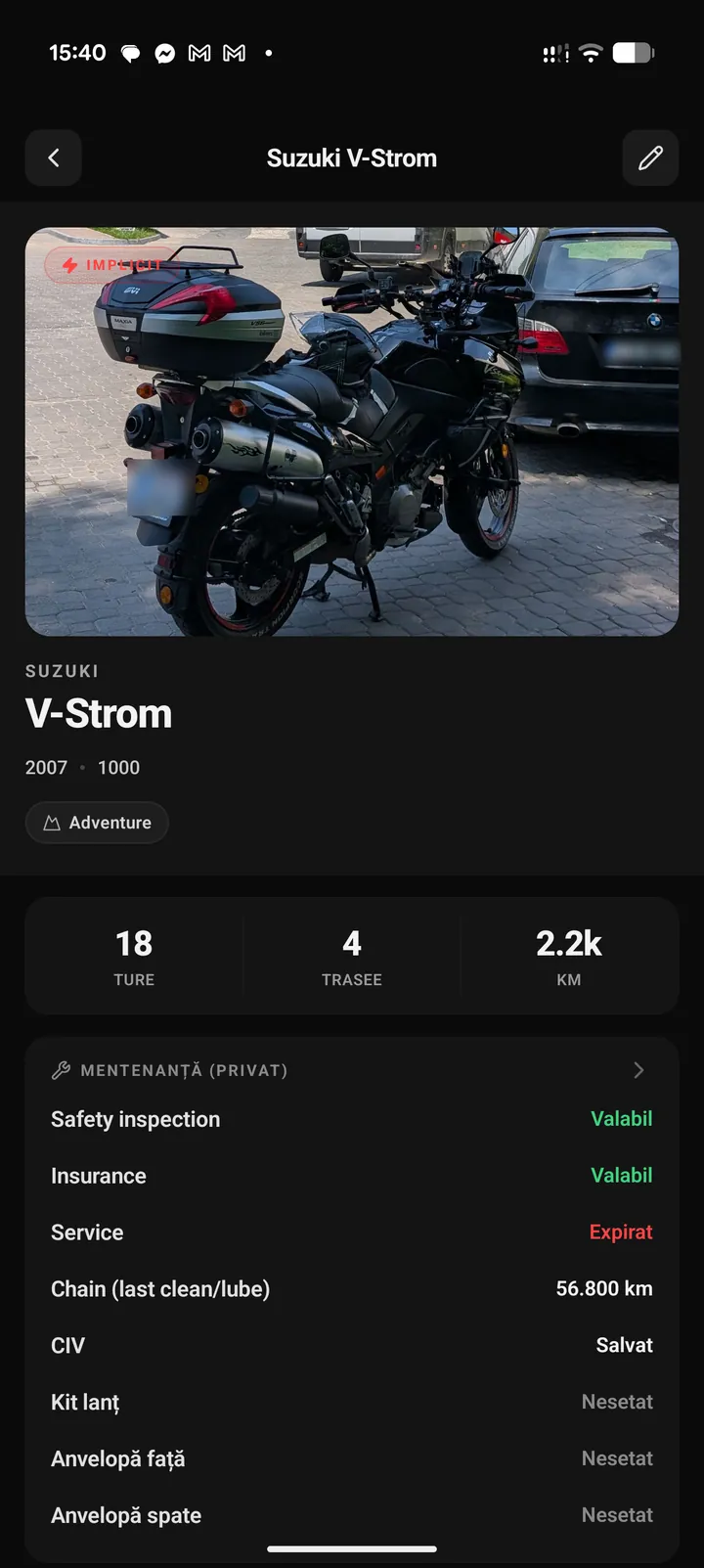 Ecranul de întreținere al unei motociclete, cu ITP, asigurare și service