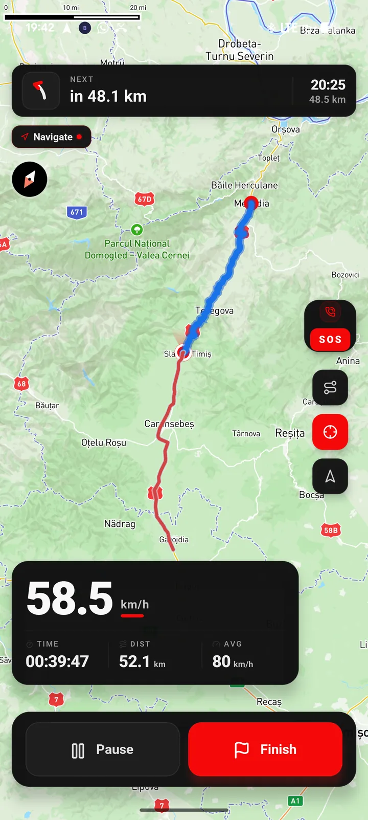 Active navigation with the full route visible on the map