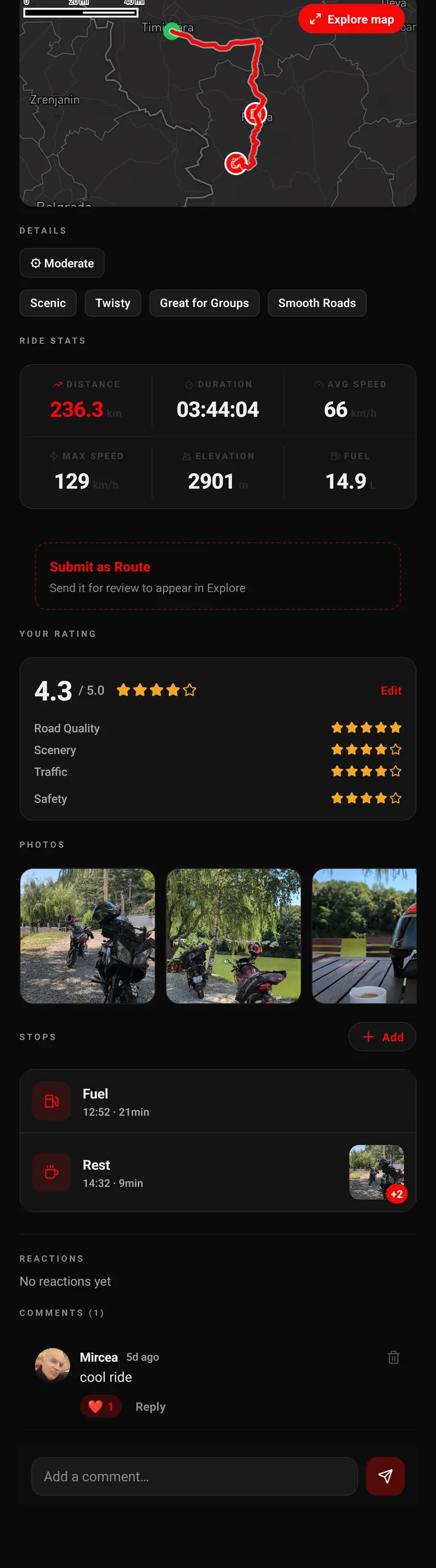 A recorded ride screen with map, stats, photos and comments